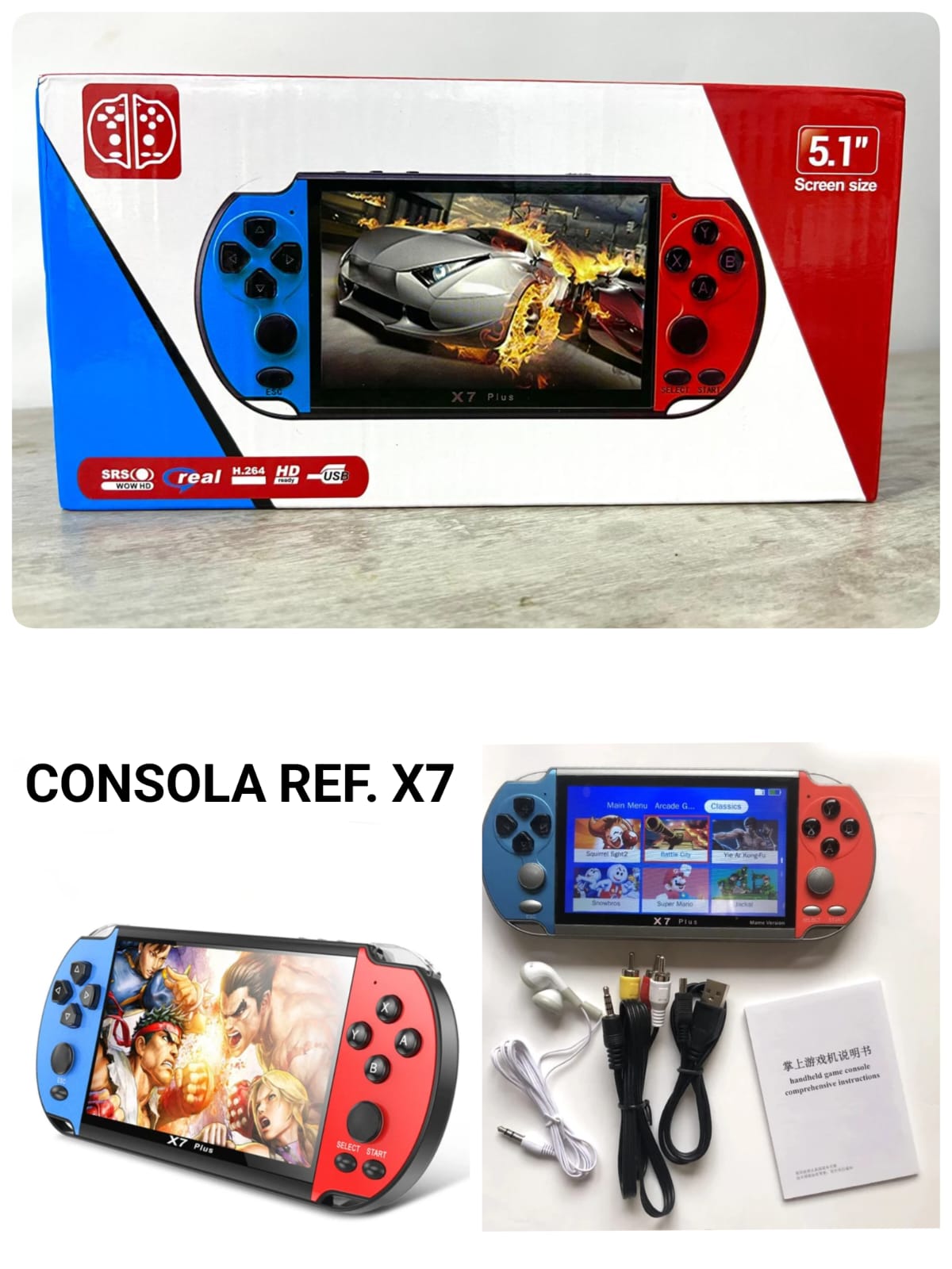 Consola Portátil X7 Plus con Pantalla HD de 5,1 Pulgadas + de 1.000 Juegos